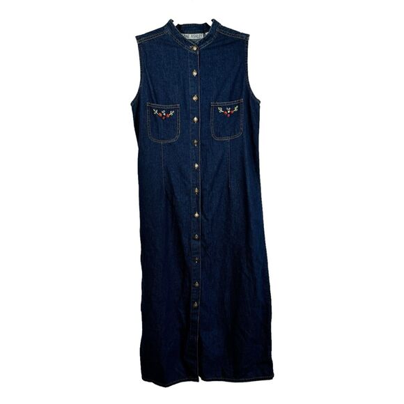 Jane Ashley Button Front Sleeveless Floral Embroidered Denim Maxi Dress Womens L - Picture 1 of 6